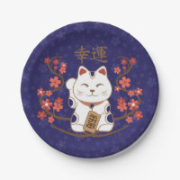 Maneki-neko cat with good luck kanji paper plates