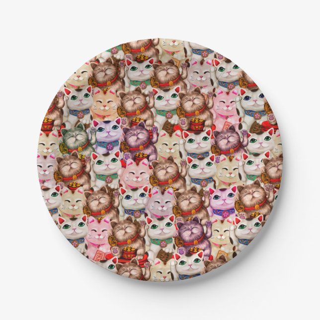 Maneki-neko cats pattern paper plates (Front)