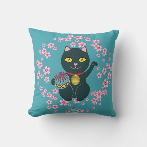 Maneki Neko Japanese Beckoning Lucky Black Cat Throw Pillow