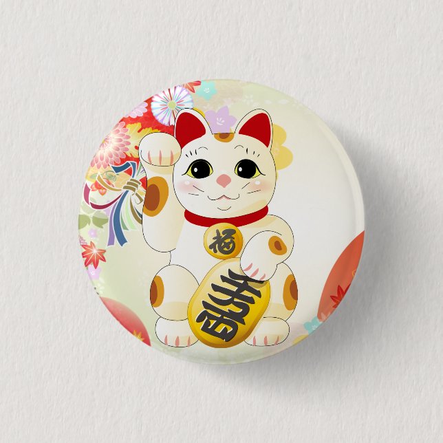 Maneki Neko Japanese Fortune Cat Pinback Button (Front)