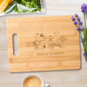 Maneki Neko Japanese Lucky Cat Custom Name Engraved Cutting Board