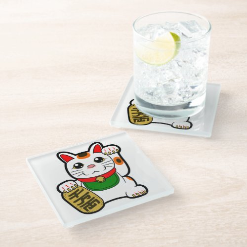 Maneki Neko Japanese Lucky Cat Glass Coaster