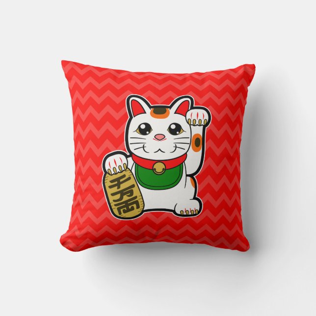 Maneki Neko: Japanese Lucky Cat Reversible Throw Pillow (Front)