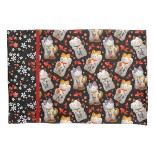 Maneki Neko Japanese Waving Lucky Cat with Koi Pillow Case