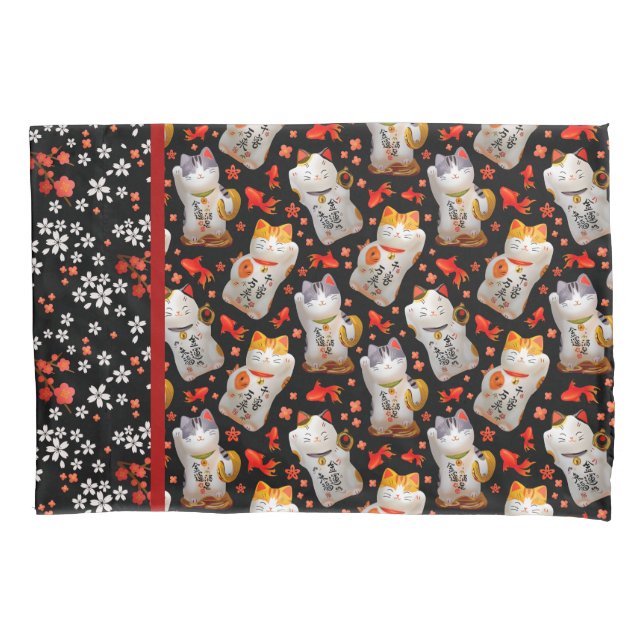 Maneki Neko Japanese Waving Lucky Cat with Koi Pillow Case (Front-Left)