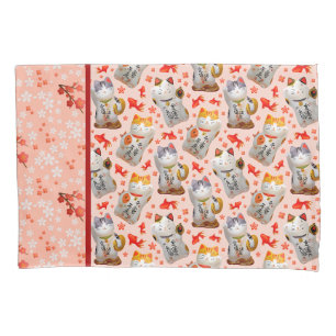 Maneki Neko Japanese Waving Lucky Cat with Koi Pillow Case