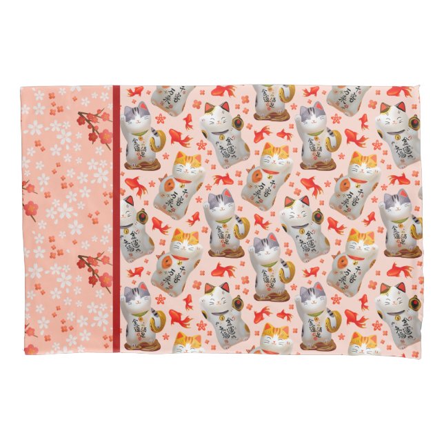 Maneki Neko Japanese Waving Lucky Cat with Koi Pillow Case (Front-Left)