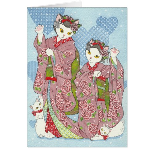 Maneki Neko Kawaii Maiko Dancing Cats Kimono Card
