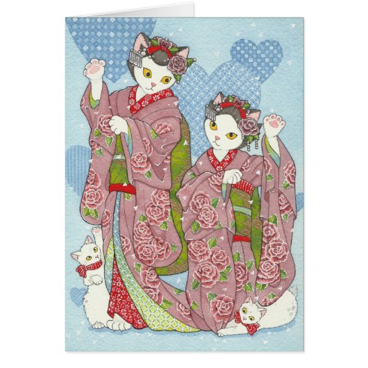 Maneki Neko Kawaii Maiko Dancing Cats Kimono Card (Front)