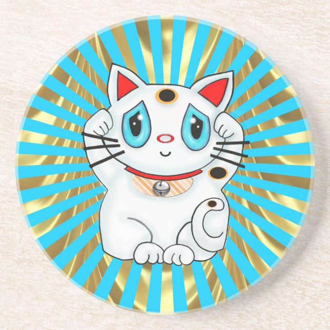 Maneki Neko Lucky Beckoning Cat Sandstone Coaster (Front)