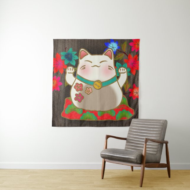 Maneki Neko lucky cat art Tapestry (In Situ)