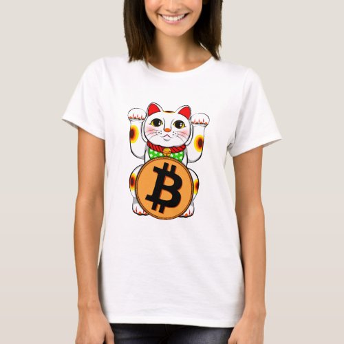 Maneki Neko Lucky Cat Bitcoin Double Paw T_Shirt