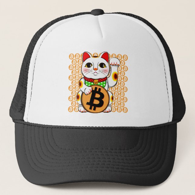 Maneki Neko Lucky Cat Bitcoin Left Paw Trucker Hat (Front)