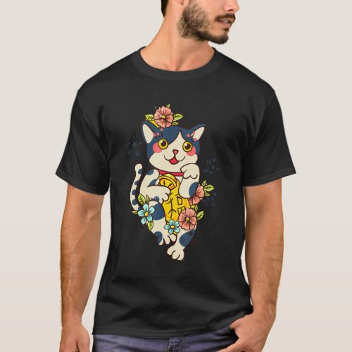 Maneki_Neko Lucky Cat Floral Japanese Good Luck Ch T_Shirt