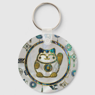 Maneki Neko Lucky cat on  pearl and abalone Keychain