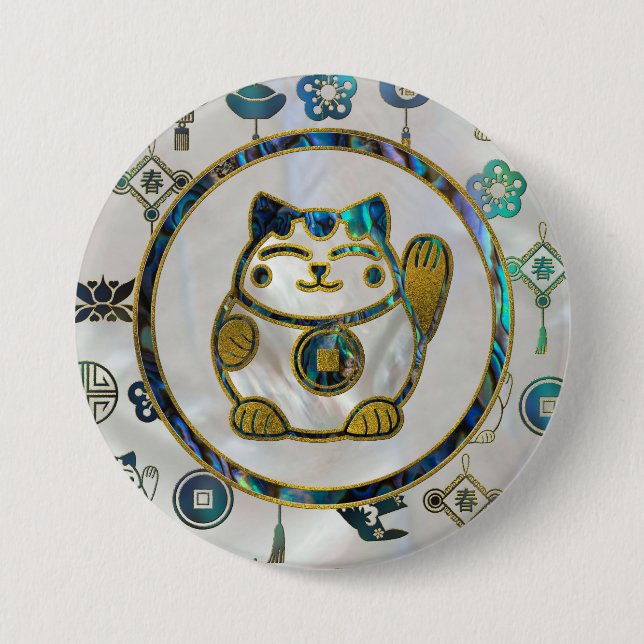 Maneki Neko Lucky cat on  pearl and abalone Pinback Button (Front)