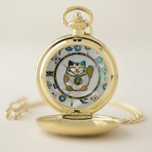 Maneki Neko Lucky cat on pearl and abalone Pocket Watch