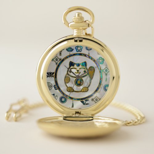 Maneki Neko Lucky cat on  pearl and abalone Pocket Watch