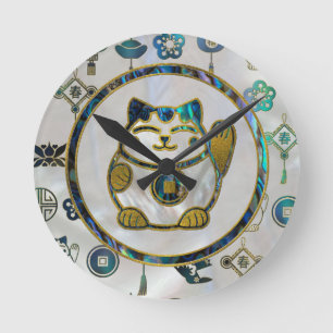 Maneki Neko Lucky cat on pearl and abalone Round Clock