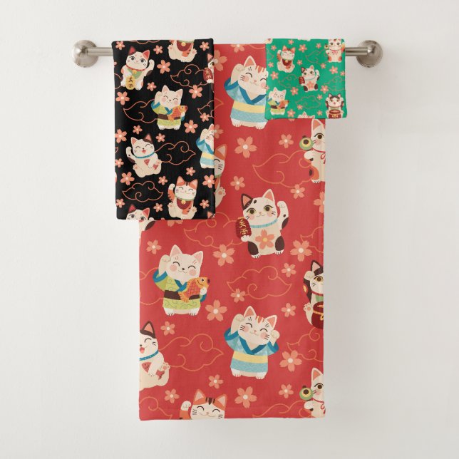 Maneki Neko Lucky Cats Bath Towel Set (Insitu)
