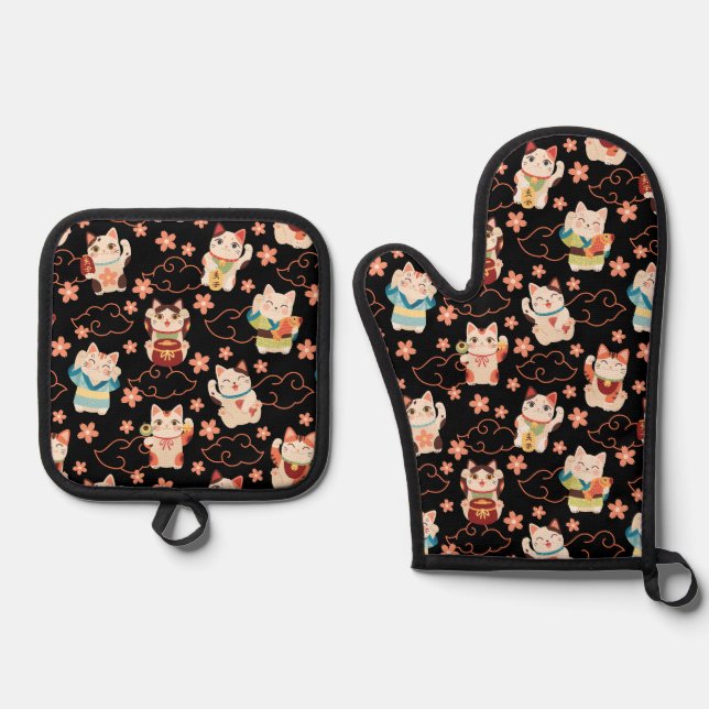 Maneki Neko Lucky Cats Oven Mitt & Pot Holder Set (Front)