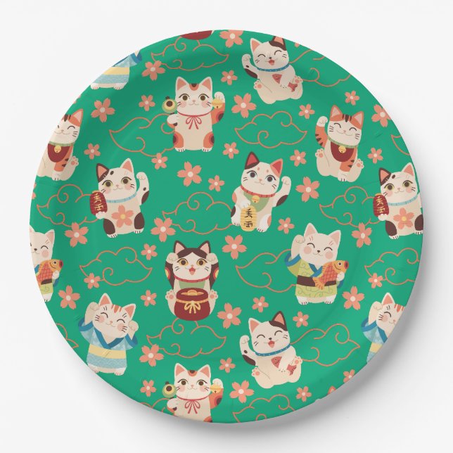 Maneki Neko Lucky Cats Paper Plates (Front)