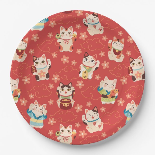Maneki Neko Lucky Cats Paper Plates (Front)