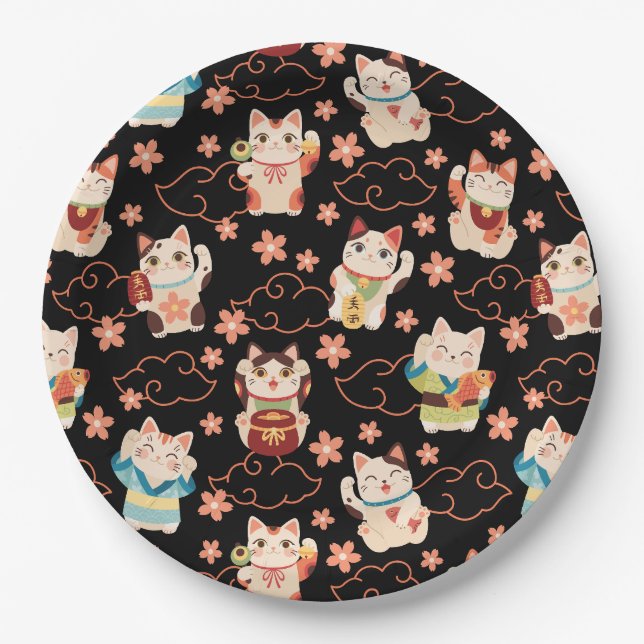 Maneki Neko Lucky Cats Paper Plates (Front)