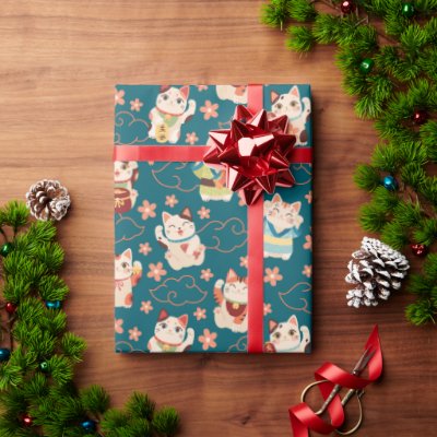 Maneki Neko Lucky Cats Pattern Wrapping Paper