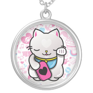 maneki neko silver plated necklace