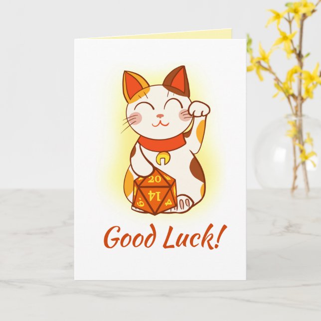 Maneki Neko With D20 RPG Dice Good Luck Card (Yellow Flower)