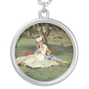 Manet Impressionist French Family Garden Painting Silver Plated Necklace