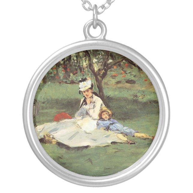 Manet Impressionist French Family Garden Painting Silver Plated Necklace (Front)
