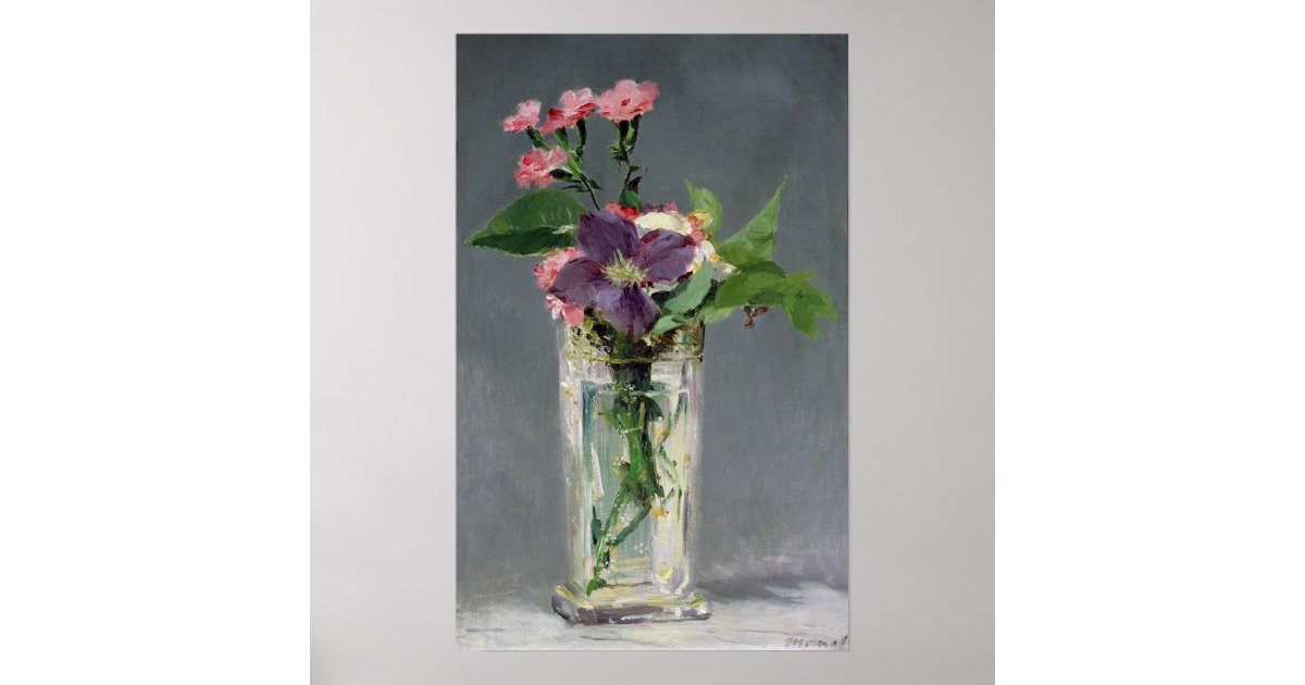 Pinks and Clematis in a Crystal Vase, 1882 Poster Zazzle