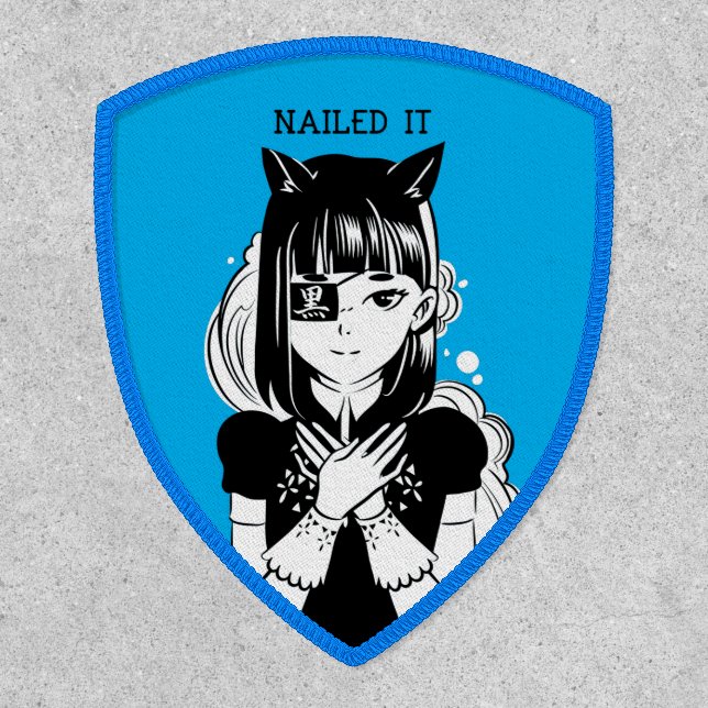 Manga Anime Girl Nailed It Black White Blue Patch (Front)