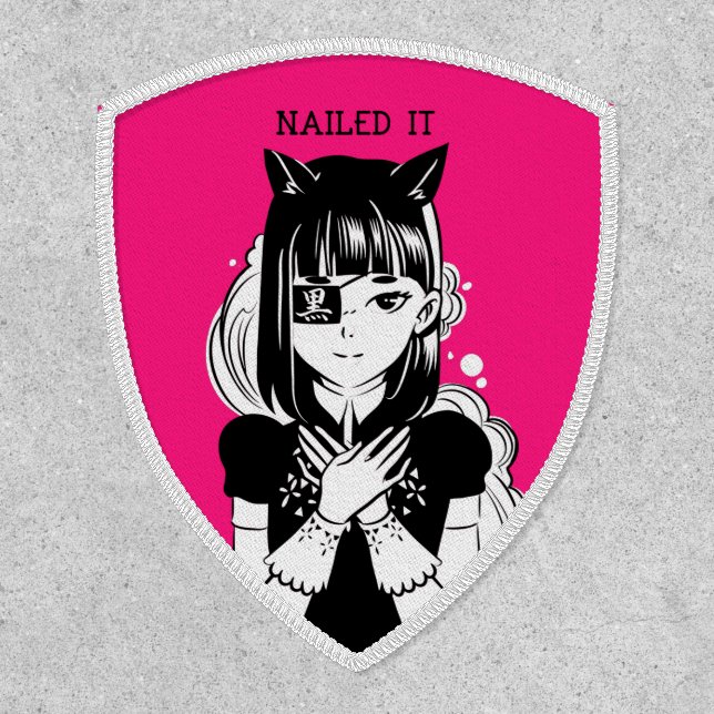 Manga Anime Girl Nailed It Black White Pink Patch (Front)