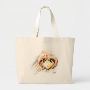 Manga Anime Girl sketch big eyes kawaii cute Large Tote Bag