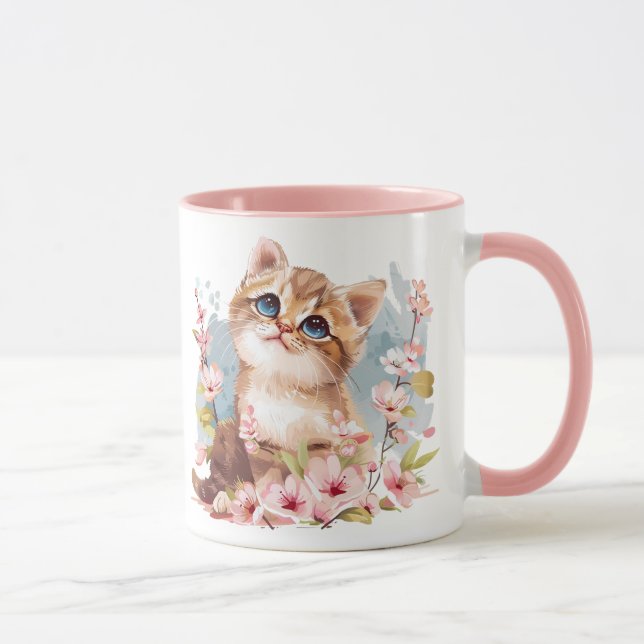 Manga Cute Kitten & Sakura Flowers Cat Mom Gift Mug (Right)