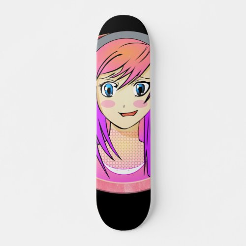  Manga girl pink hair blue eyes blush frame Skateboard