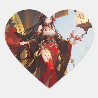 Manga girl sticker with red evening dress