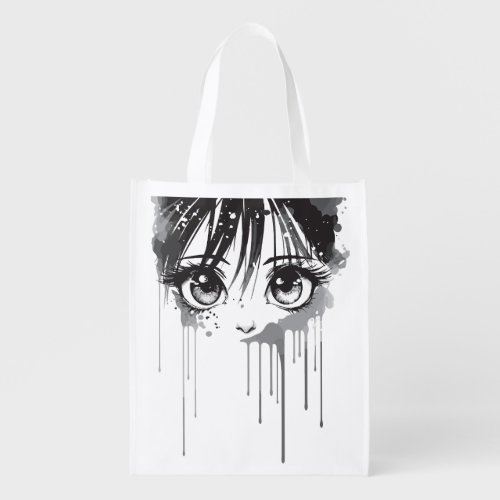 Manga Girl with Paint_Drenched Gaze Grocery Bag
