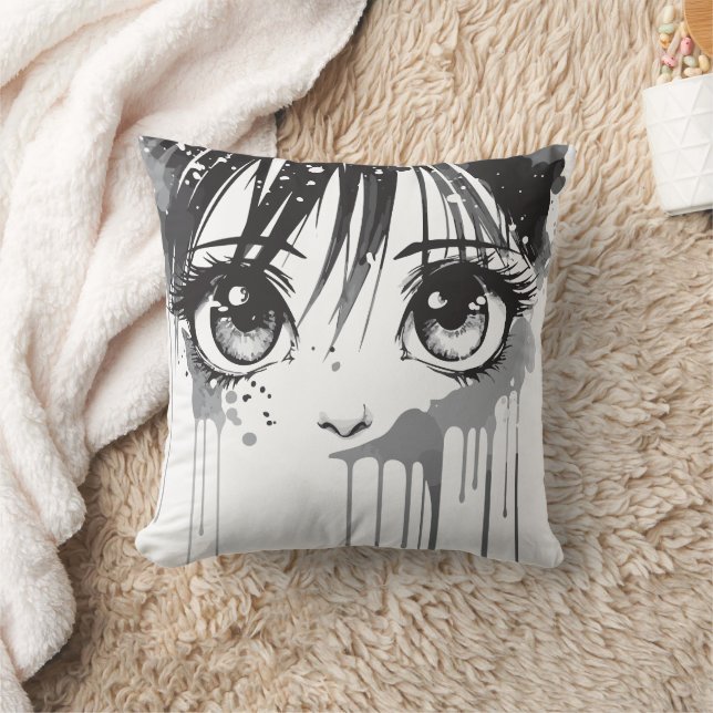 Manga Girl with Paint-Drenched Gaze Throw Pillow (Blanket)