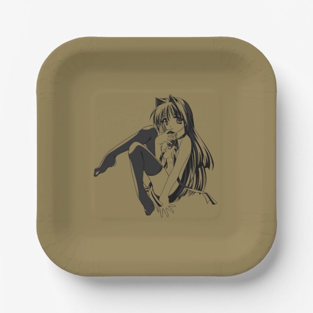 Manga, Neko Catgirl Furry Kawaii Loli  Paper Plates (Front)