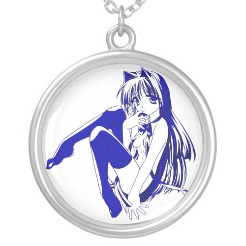 Manga Neko Catgirl Pinup girl LooselyBasedOn Silver Plated Necklace