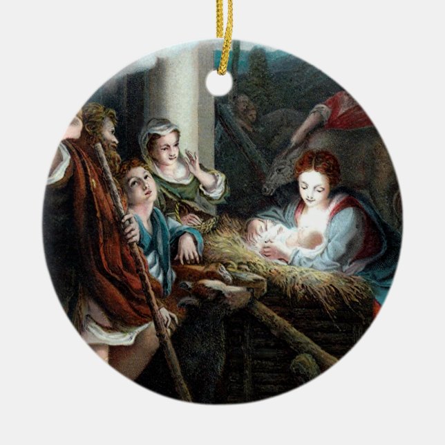 Manger Scene, Round Ceramic Ornament (Front)