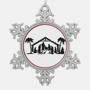 MANGER SCENE SNOWFLAKE PEWTER CHRISTMAS ORNAMENT