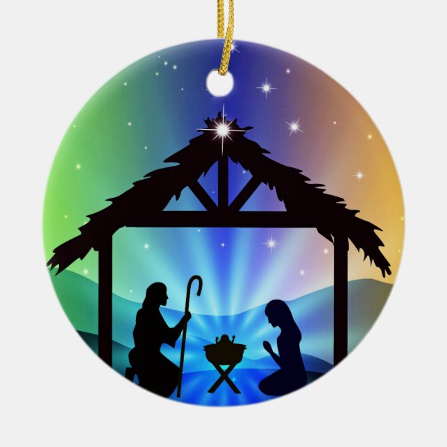 Manger Scene with Joseph and Mary Ceramic Ornament (Front)