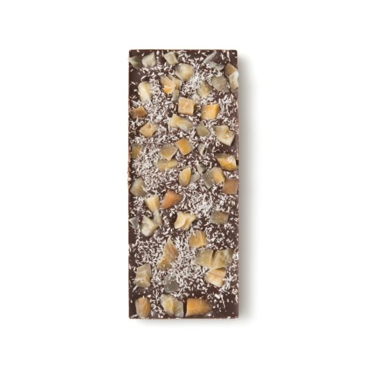 Mango Dice and Coconut Flake Chocomize Milk Chocolate Bar (Front)