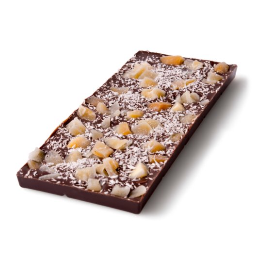 Mango Dice and Coconut Flake Chocomize Milk Chocolate Bar (Angled)