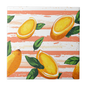 Mango Fruit Pattern with Green Leaves Ceramic Tile